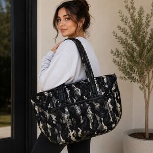 Sol and Selene No Filter Green Metallic Camo Quilted Nylon Tote Bag 21043BSS NWT